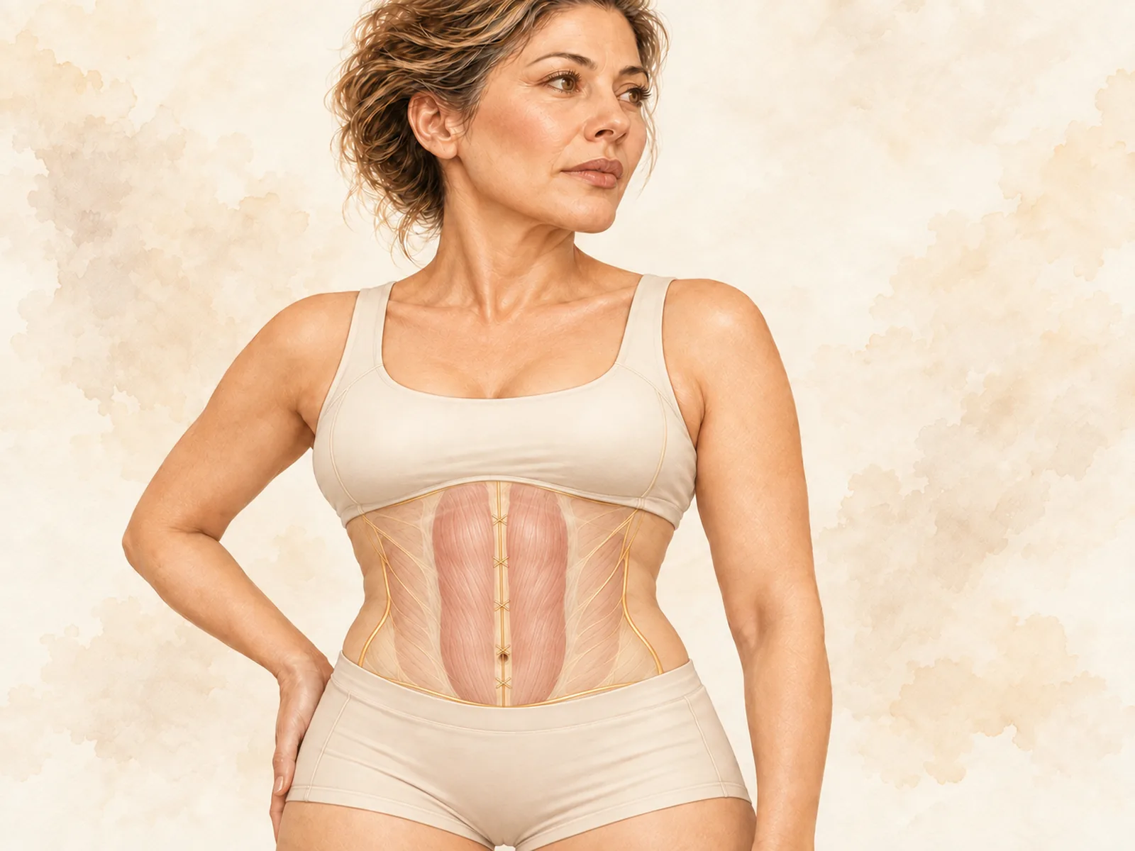 Ilustración en acuarela de la zona tratada con abdominoplastia