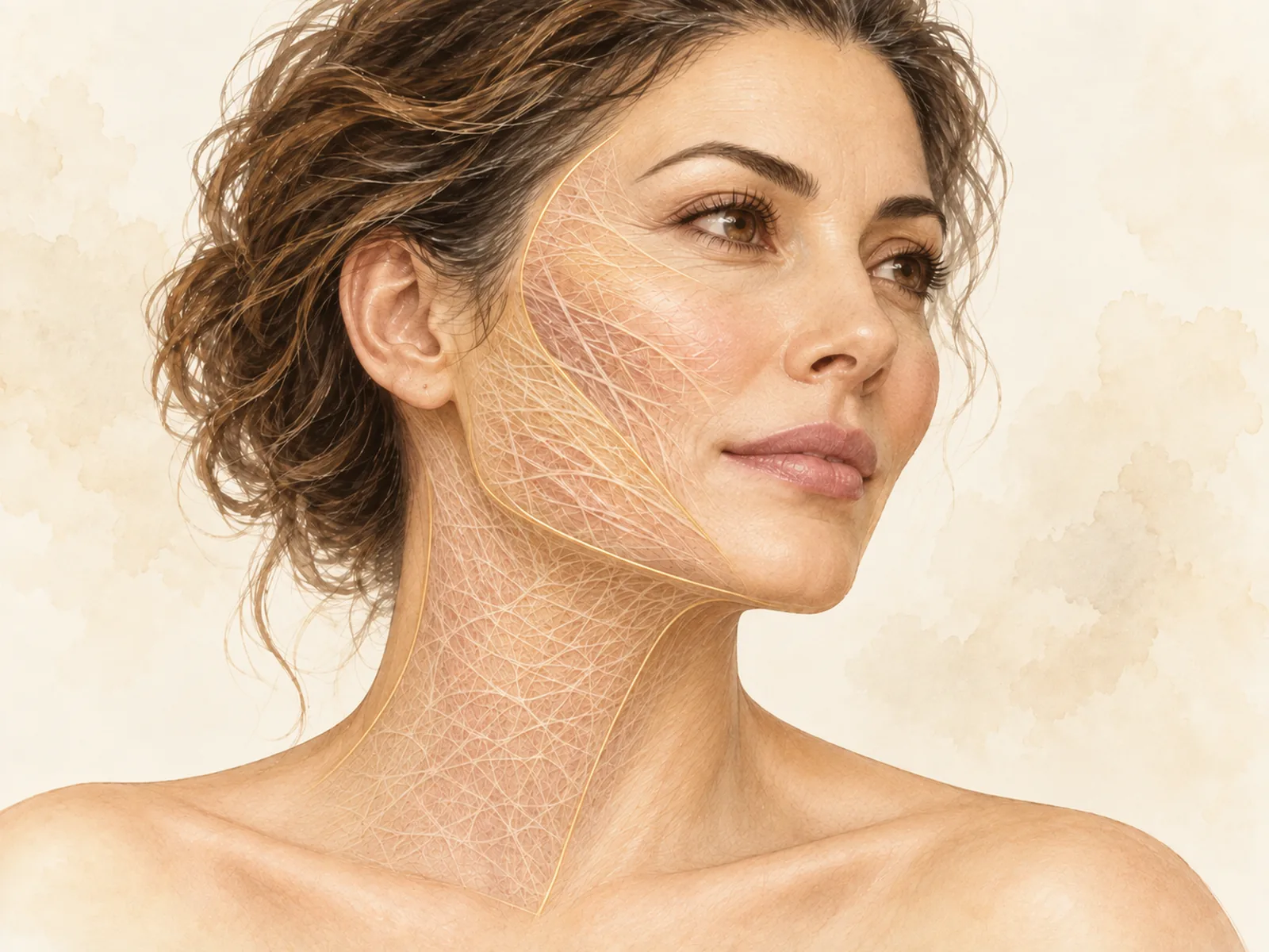 Ilustración en acuarela de la zona tratada con bioestimuladores de colágeno
