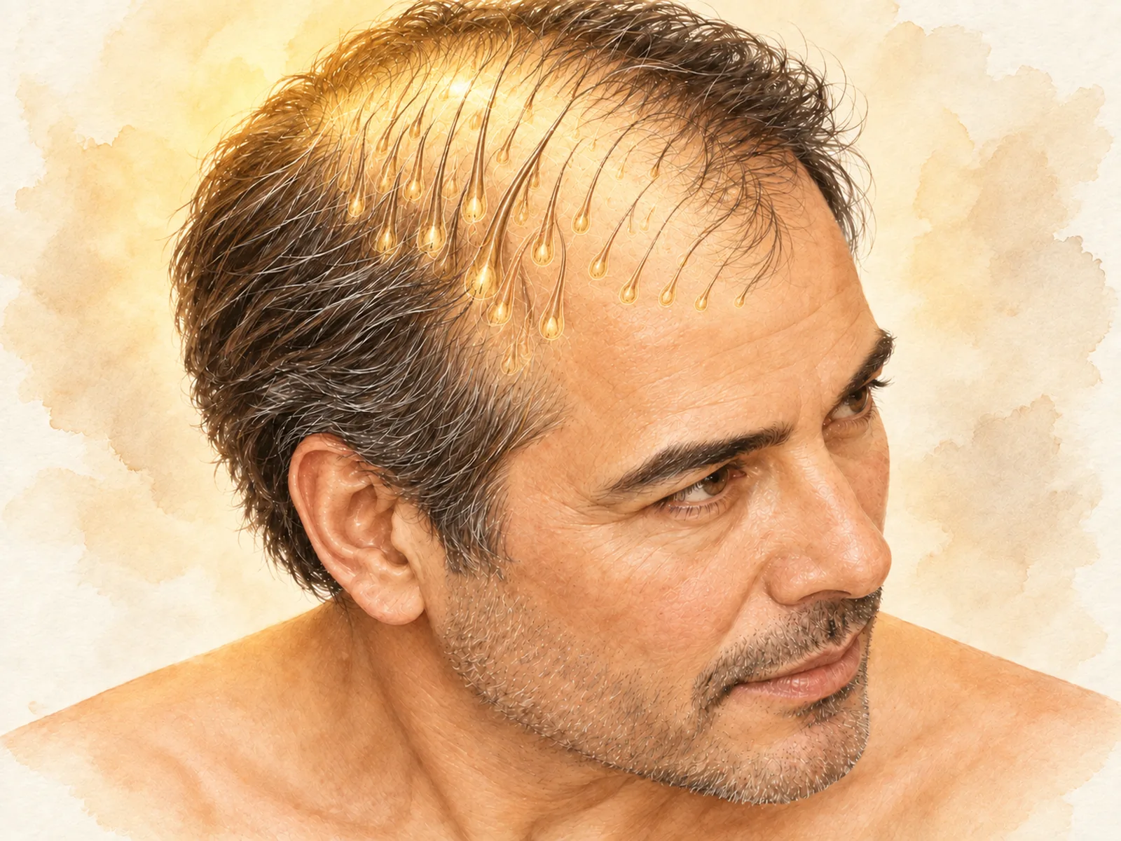 Ilustración en acuarela de la zona tratada con casco capilar