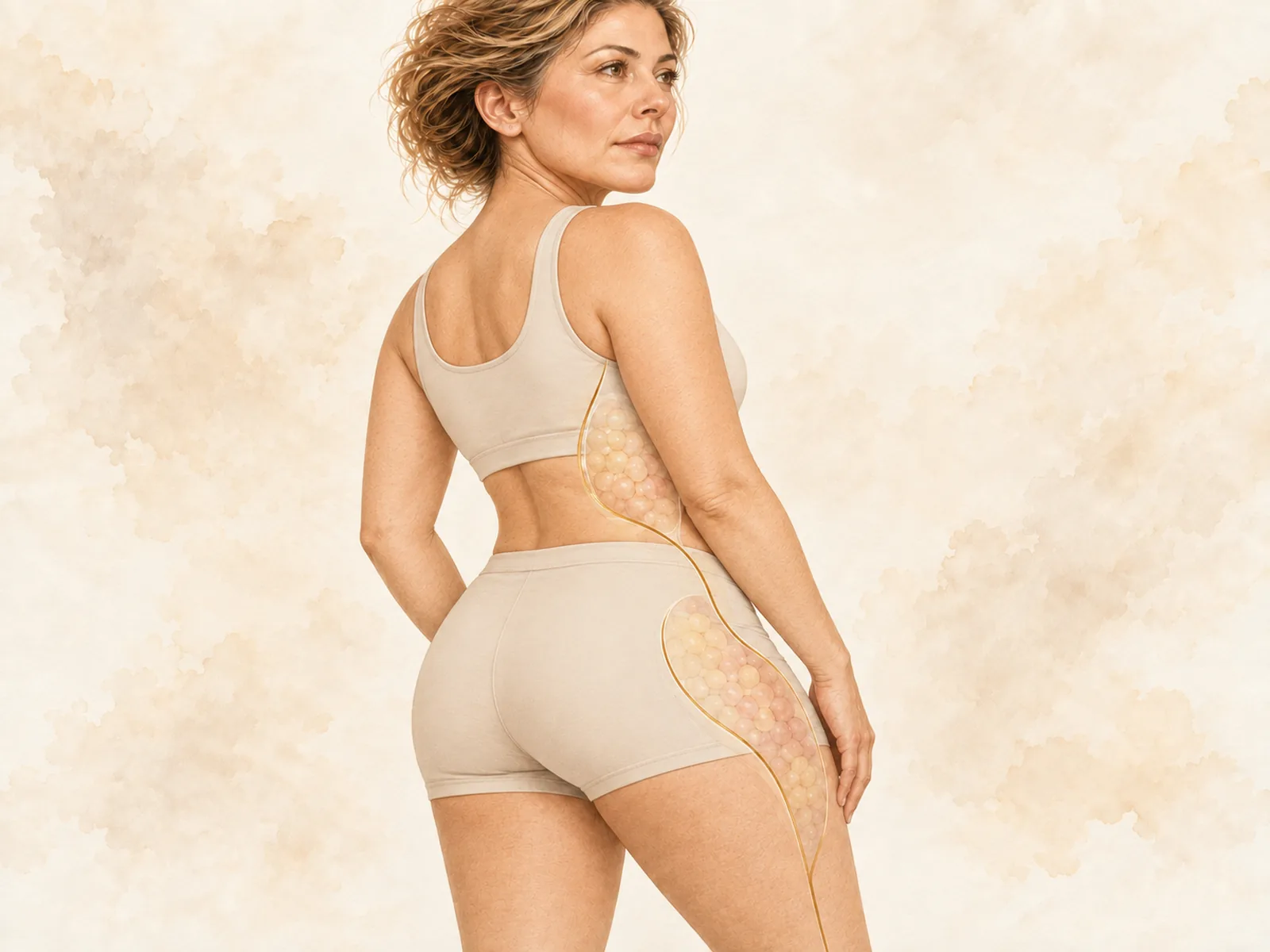 Ilustración en acuarela de la zona tratada con lipotransferencia glútea