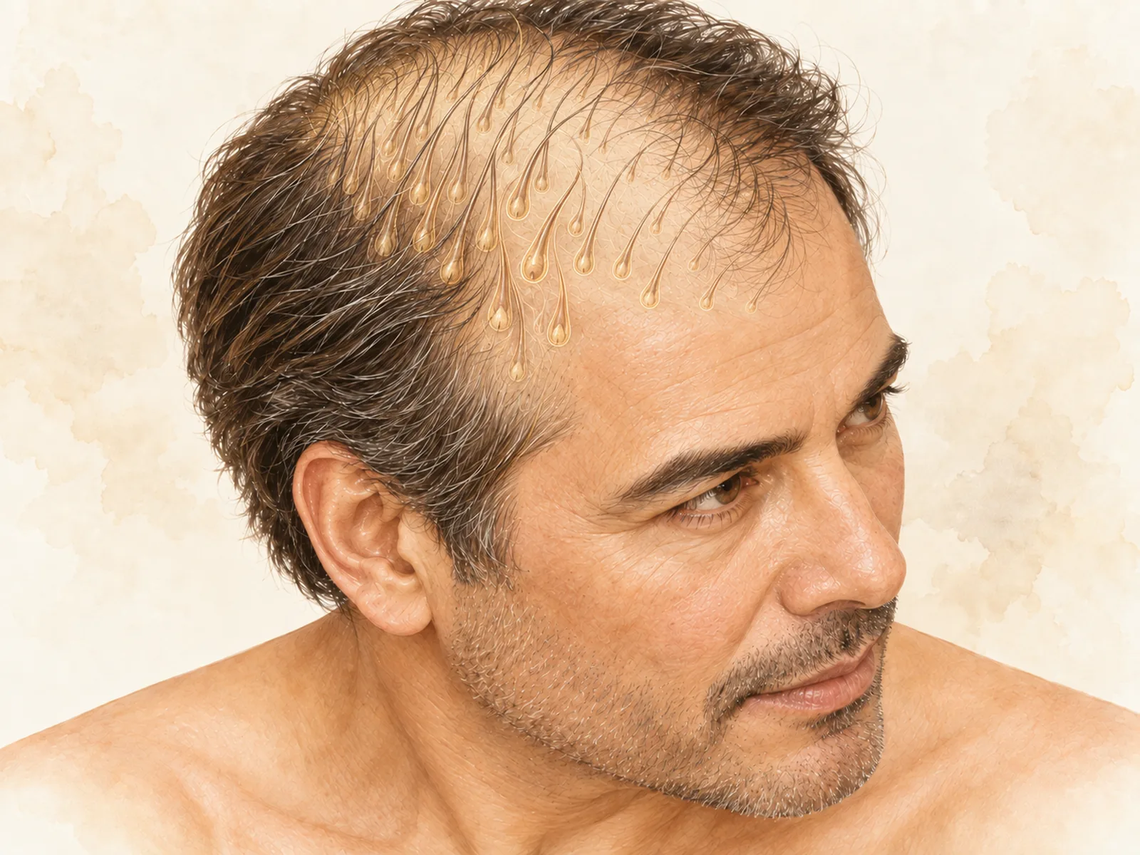 Ilustración en acuarela de la zona tratada con alopecia y tratamiento capilar